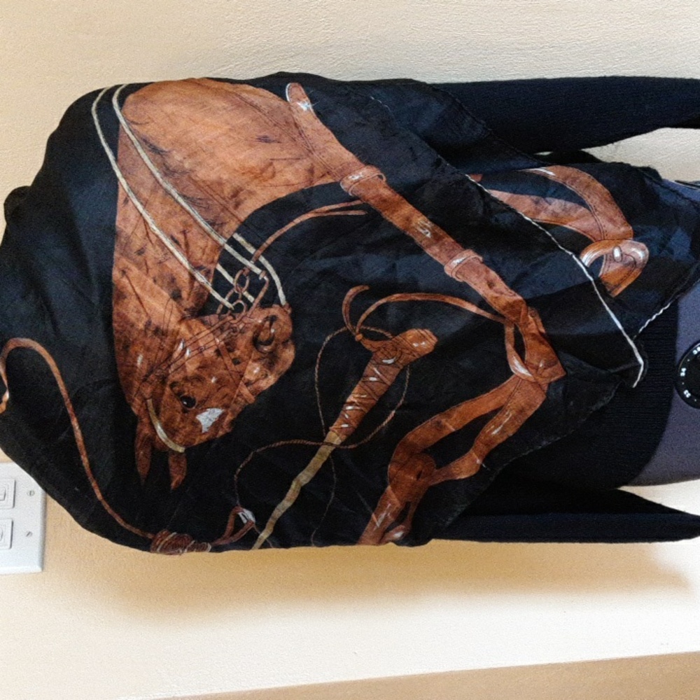 NWT Equestrian-Themed Black and Brown Semi-sheer Silky Large Scarf - Picture 6 of 7